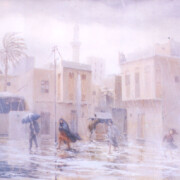 Kerbala, Iraq in the rain. Landscape in watercolor, 1990. Iraqi artist Abdul Ameer Alwan is famous for his bucolic Kerbala watercolors.