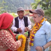 Mohan Basnet and villager welcome Barbara Nimri at Majhuwabesi, Nov. 2019, 38 years after her first visit there.