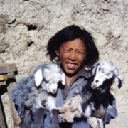 a Memo village farm-boy is delighted to show off his two lambs, Tibet, 1985