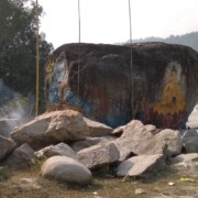 With the popularity of Manakamana holy site (on the Arun River) pilgrims express devotion by embellishing the surroundings, 2019