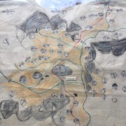 Detail from a Dingri area map by Nima Woser, former Dingri Gangar resident. Drawn from memory, he identifies villages and topography; 1970, Solu Khumbu, Nepal.