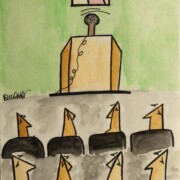 Iraq, 2015. Famous caricaturist Burhan Al-Mufti satirizes his nation’s new democracy.