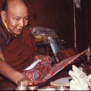 Thupten Choeling Abbot Trulshik Rinpoche (1923-2011) at work in his library; 1975, Solu Khumbu, Nepal.