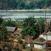 Prayer hall and common places for Manakamana worshipers. The course of the great waterway has shifted to the west side since this 1983 photo.